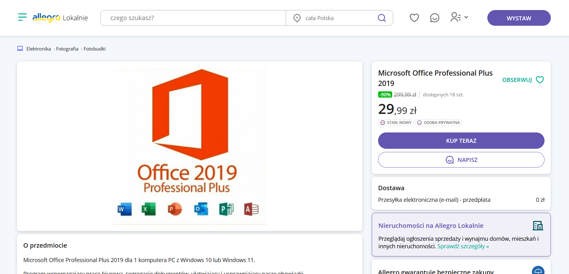 Klucze licencyjne pakietu Microsoft Office na Allegro. 