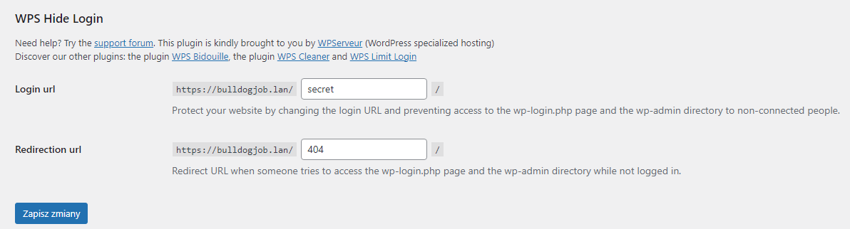 wtyczka WPS Hide Login do ustawienia własnego adresu logowania zamiast wp-login.php